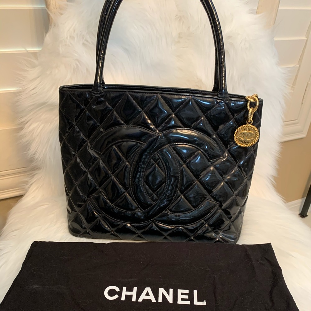 Chanel Black Patent Caviar Medallion Tote